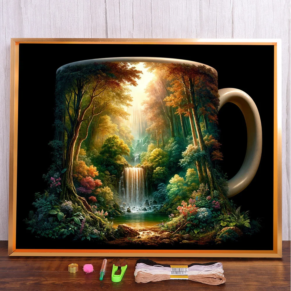 Scenery Waterfall Cup Printed Canvas Cross-Stitch Patterns DIY Embroidery Craft Knitting Sewing Handicraft Mulina Sales Magic