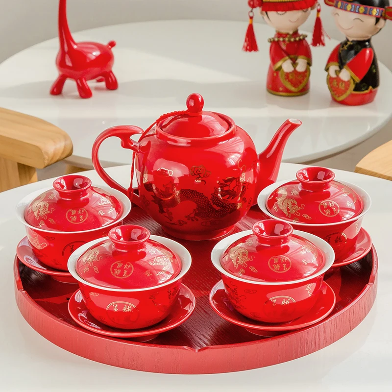 Chinese Wedding Supplies Red Ceramic Tea Set of 4/6pcs 570ml Teapot Gaiwan Set with Serving Tea Tray Gift Porcelain