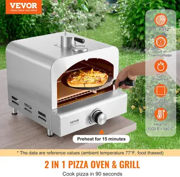 Outdoor Pizza Oven, 2-IN-1 Gas Pizza Maker & Grill, Propane Griller with Pizza Stone, Visual Door and Built-in Thermometer, 2