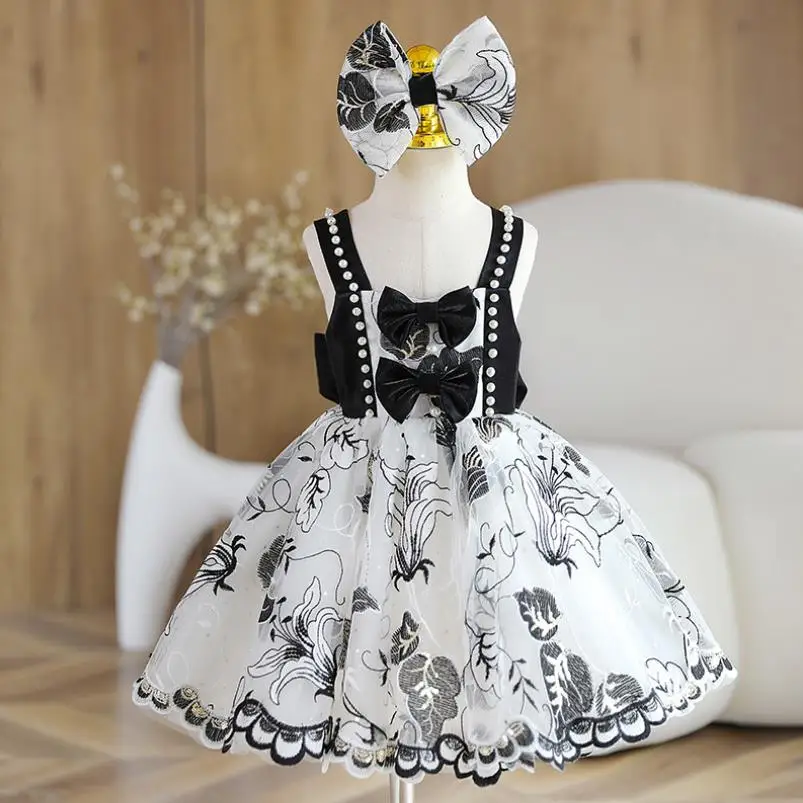 

Children's Princess Evening Gown Bow Pearls Sleeveless Print Design Wedding Birthday Baptism Eid Party Girls Dresses A2620