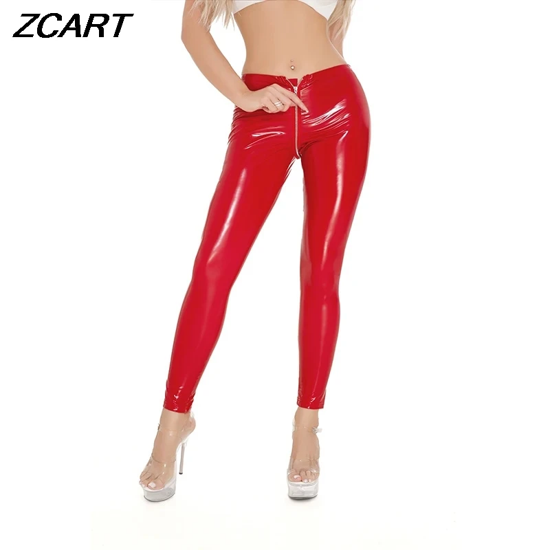 Sexy Women Shiny Faux Leather Pants Wetlook Latex PU Zipper Open Crotch Pants Female Red Black Long Trousers Clubwear