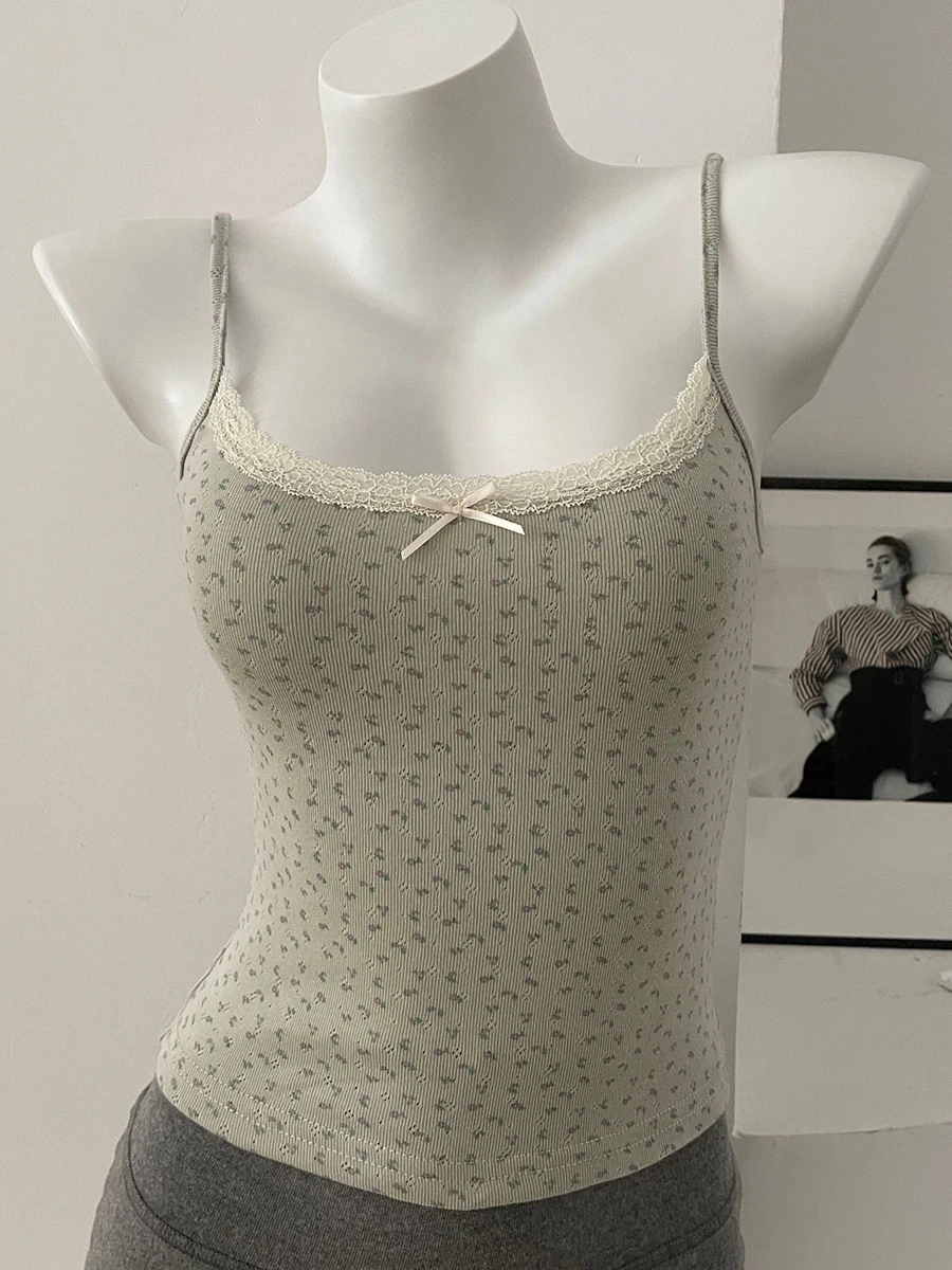 Floral Eyelet Lace-Trim Bow Tank Top - Women's Slim Cotton Camisole