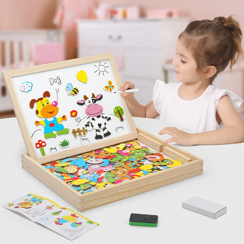 

110+Pcs Wooden Multifunction Children Animal Puzzle Writing Magnetic Drawing Board Blackboard Learning Education Toys For Kids