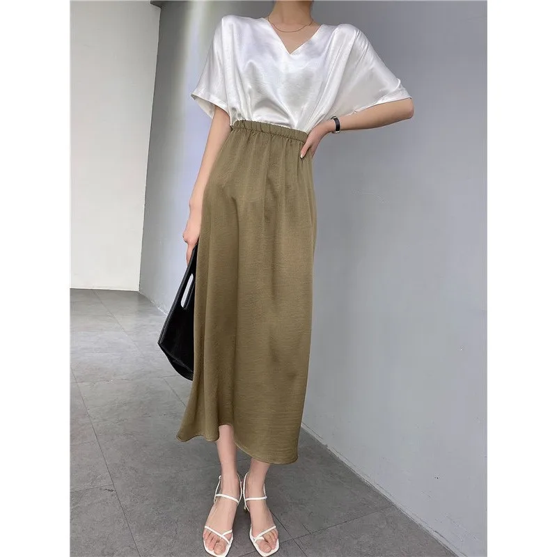 2022 Summer Women's New Elastic Aline High Waist Elegant Solid Skirt