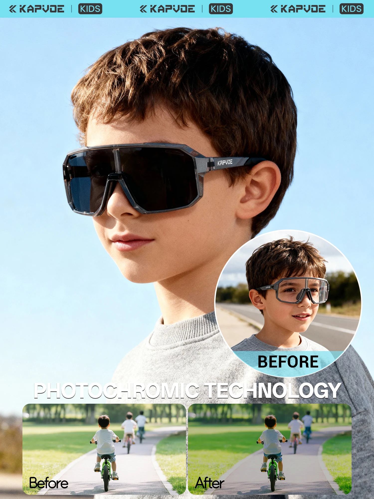Kapvoe Kids Photochromic Sports Child Bike Sunglasses Baseball Cycling Glasses for UV400 Boys Girls Small Size Fashion Outdoor