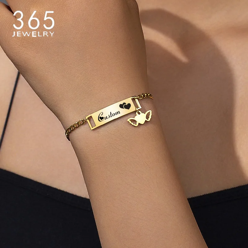 

Custom Engrave Name Bar Bracelet Charming Butterfly Heart Pendant Wrist Chain Stainless Steel For Women Girlfriend Birthday Gift