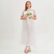 

JHBeute Pure White Women's Hollow Out Lace Sleeves Dress Party Solemn O-neck Evening Dresses Plus Size Formal Wear Gauze Robe