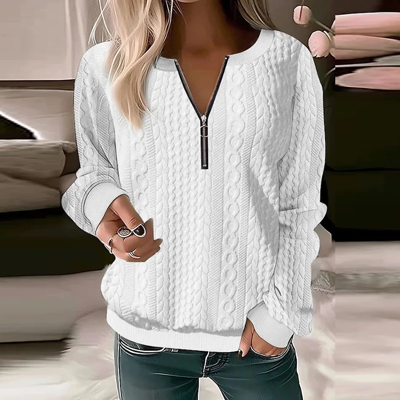 

2023 Autumn Slim Long Sleeve Solid Sweatshirt Casual Women's O-Neck Zipper Twist Pullover Elegant Lady Commuter Tops Streetwear