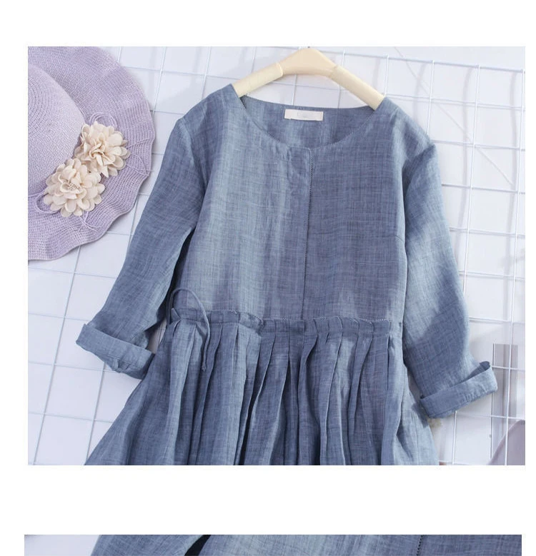 

Fashion Large Women's Art Style Long Sleeve Waist Slim and Comfortable Mid Length Round Neck Dress