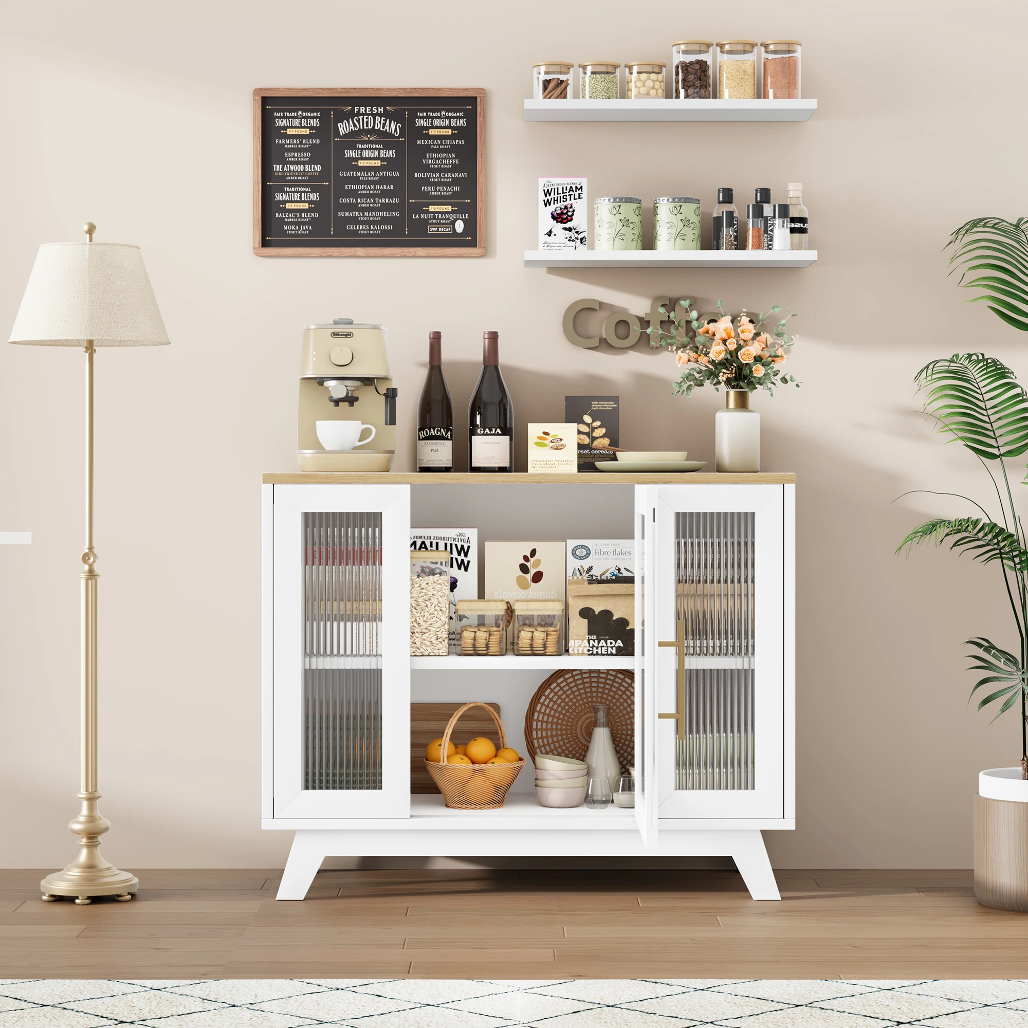 Sideboard Buffet Cabinet with Fluted Glass Door, 36" Modern Accent Storage Cabinet with 2-Tier Storage, White Coffee Bar