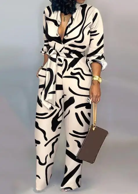

2023 Women's New Spring/summer Straight Mid Waist Pants V-Neck Shirt Fashion Style Commuter Print Jumpsuit