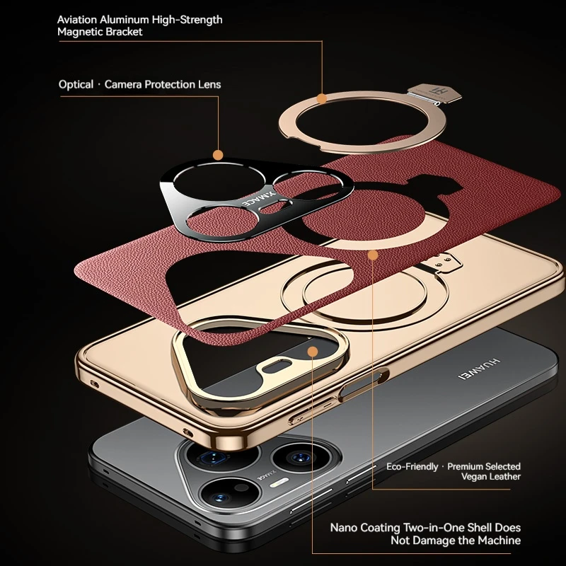 Luxurious Solid Color Leather Phone Case with Magnetic Alloy Bracket and Anti-Drop Protection