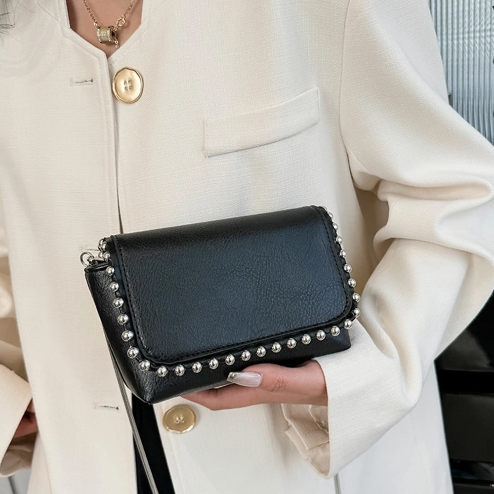 Fashion Rivet Crossbody Bags for Women Luxury Beading Shoulder Bag Black PU Leather Handbags Chains Flap Lipstick Phone Purses
