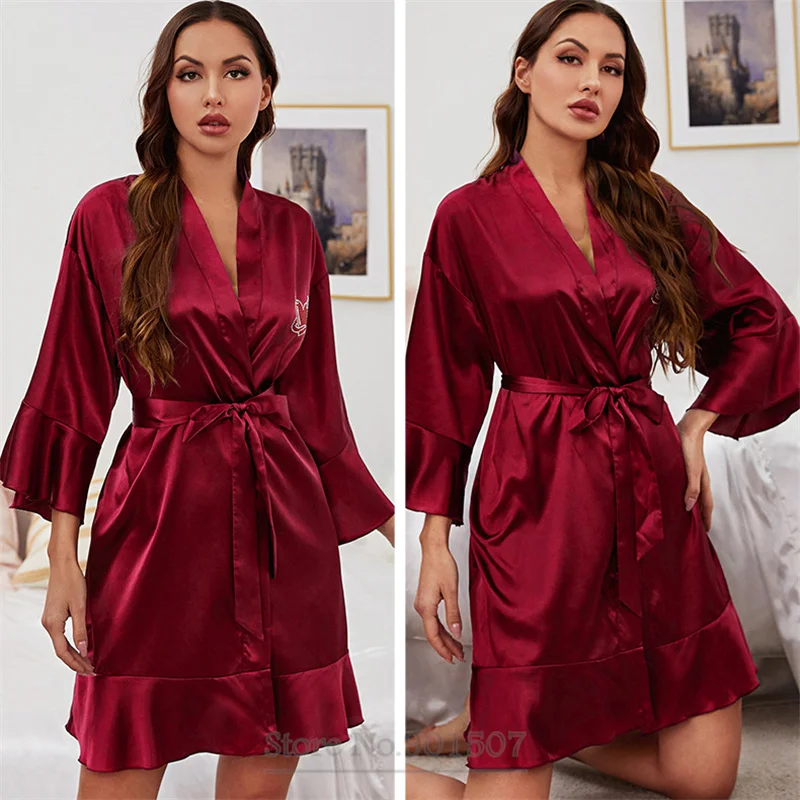 

Свадебный халат, пикантное кимоно с оборками на рукавах, халат с поясом, Женская свободная Пижама, шелковое утреннее платье, интимное белье