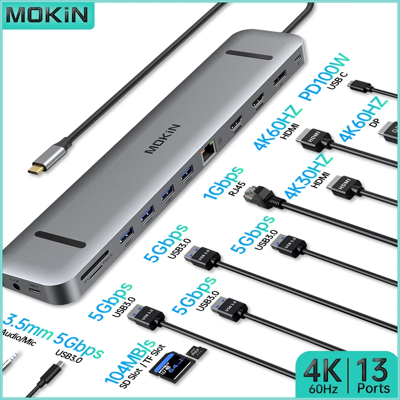 

Док-станция MOKiN 13 в 1 для MacBook Air/Pro, ноутбука Thunderbolt — USB3.0, HDMI 4K30 Гц, DP 4K60 Гц, PD 100 Вт, аудио, RJ45 1 Гбит/с