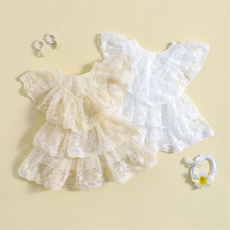 

Cute Baby Girls Casual Princess Dresses Flying Short Sleeve Lace Floral Tiered Ruffle Dress Summer Infants Dress Clothing