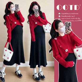 Maternity Suit Autumn Winter Cute Red Cable Knit Cropped Sweater and Black Strap Dress Two Piece Set For Pregnant Women