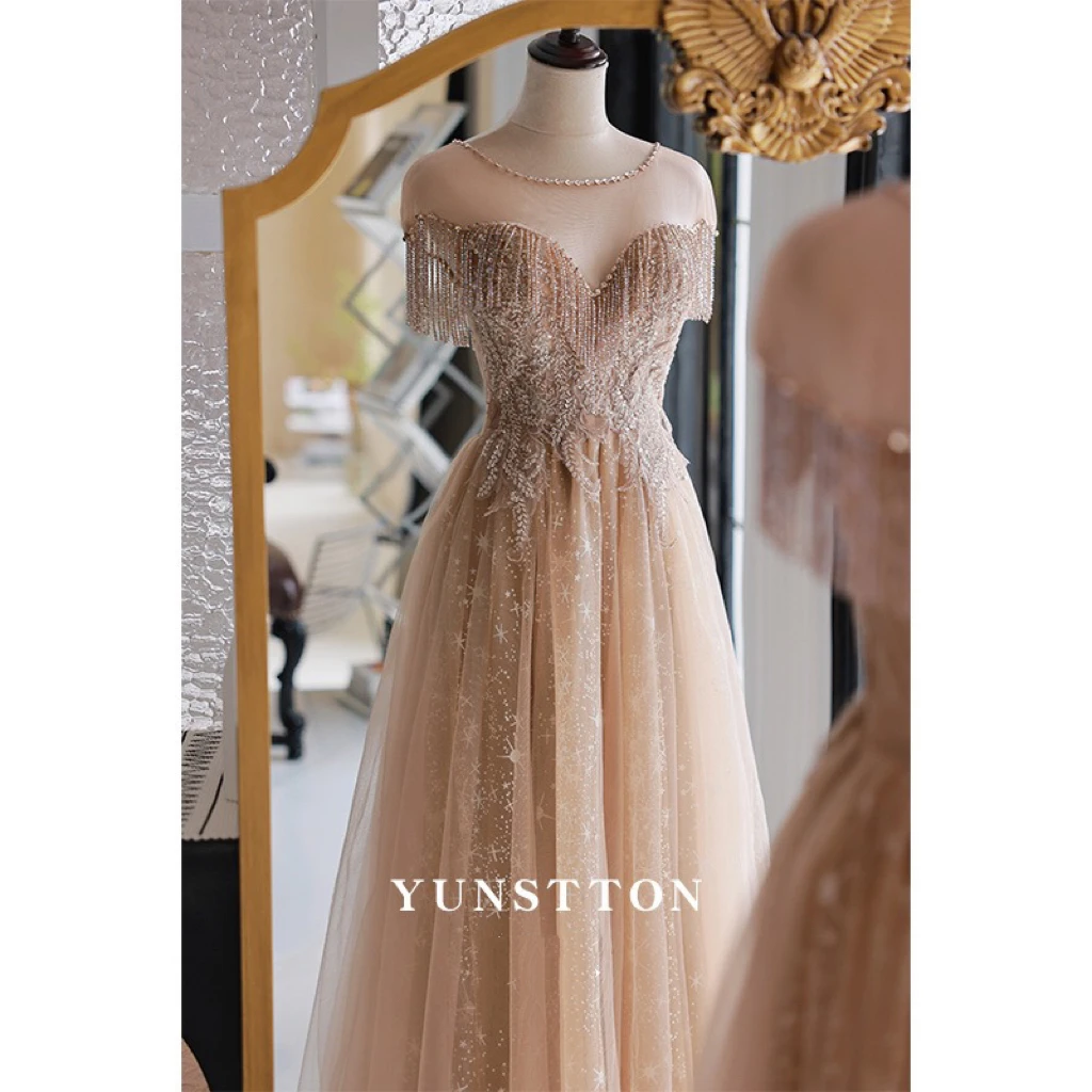 

Khaki Bridesmaid Dresses Tassel Applique Long Luxury Quinceanera Wedding Party Sexy Graduation Performance Lady Prom Gowns 2023