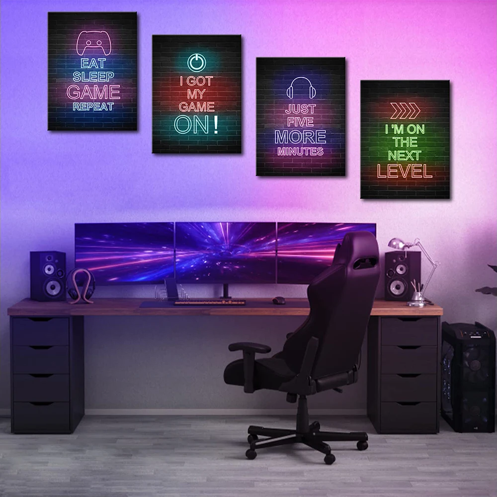 

Neon Funny Quotes Eat Sleep Game Repeat Posters Canvas Painting Colorful Wall Decor Prints Pictures Game Room Home Decoration