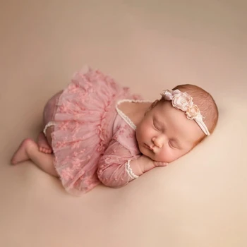 Vestito Tutu per Neonata, Rosa con Pizzo e Ricami Floreali, Manica Lunga, Outfit per Servizio Fotografico