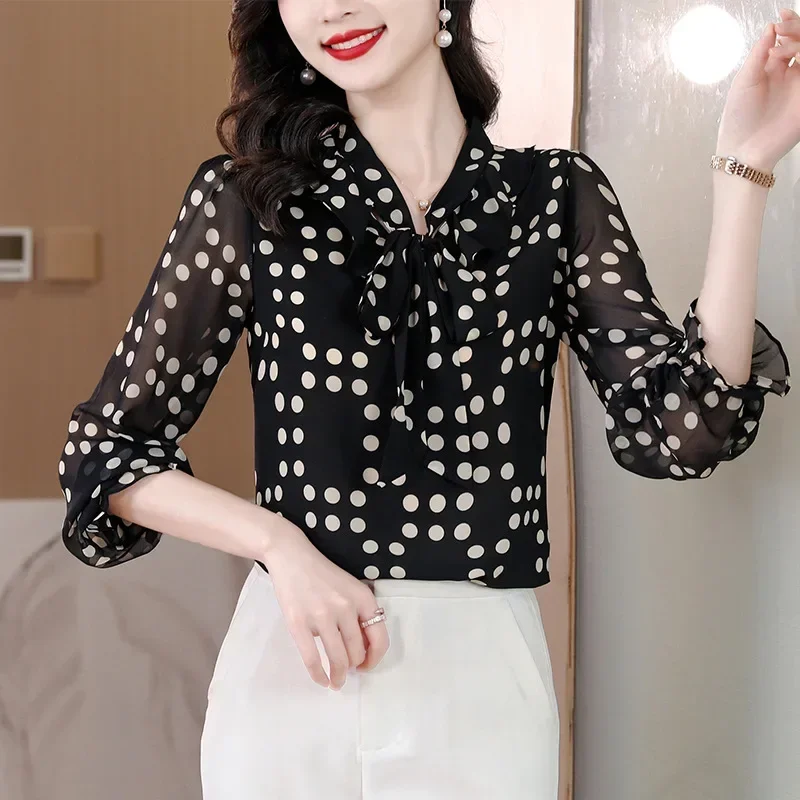 Women's Ruffle Polka Dot Flutter Top Chiffon Shirt Long Sleeved Blouses Spring and Summer Fashion