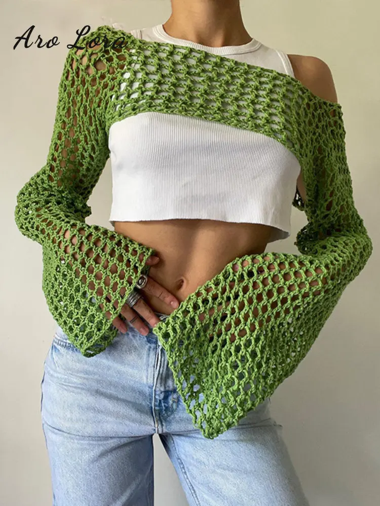 

2022 Summer Green Long Sleeve Smock Knitted Crop Top Women Y2k Beach Sexy Backless Hollow Out T Shirts Party Casual Female Tops