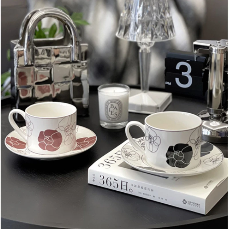 

French Simple Camellia Ceramic Cup and Saucer Set, Durable, Healthy Coffee Mug for Office and Home Use, Pair of Cup Gift Box Set