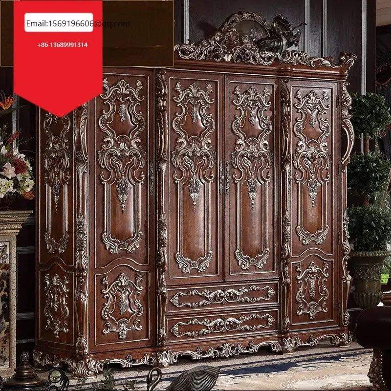 

French solid wood four-door wardrobe luxury European wardrobe villa lockers bedroom storage cabinet