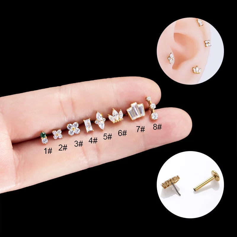 

1PC G23 Titanium Zircon Lip Stud Cartilage Earring F136 Titanium Flat Back Internally Insert Labret Earring Lip Piercing Jewelry