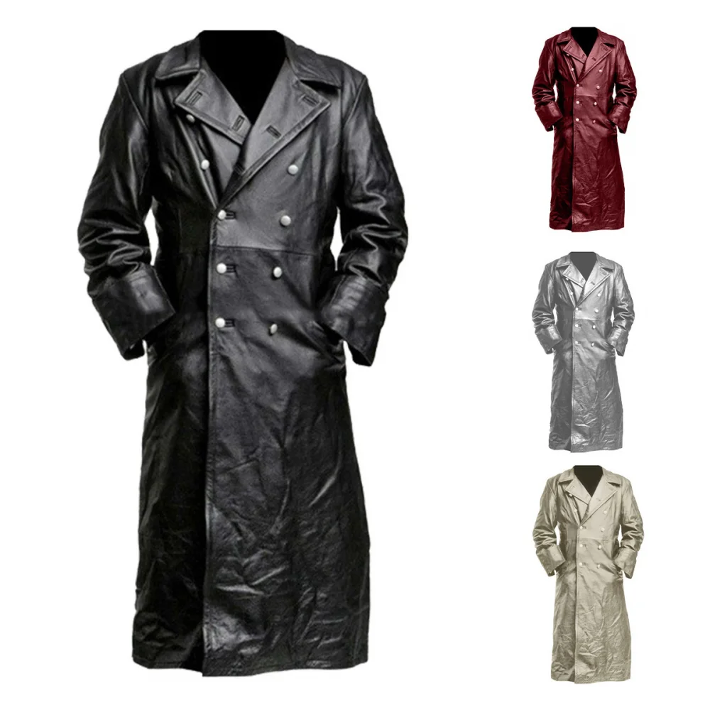 thumbnail image 2 of Abrigo largo de cuero de gran tamaño para hombre, abrigo cruzado, estilo militar alemán, abrigo medieval para oficial, invierno, 2 of 5