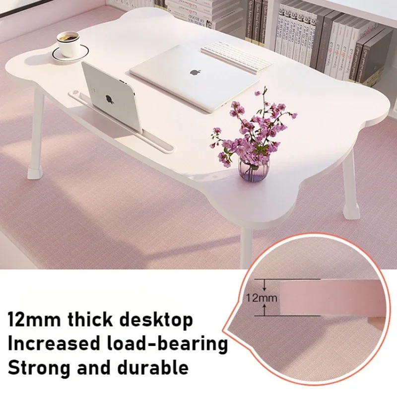 Cute Bear Shaped Bed Desk Foldable Laptop Desk with Cup Holder Card Slot Anti-slip Waterproof Tatami Table for Dormitor Student