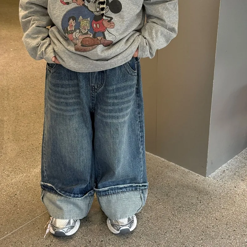 2026 새로운 봄 가을 어린이 커프스 청바지 한국 스타일 레트로 다목적 블루 와이드 레그 데님 바지 소년 캐주얼 바지 D5070