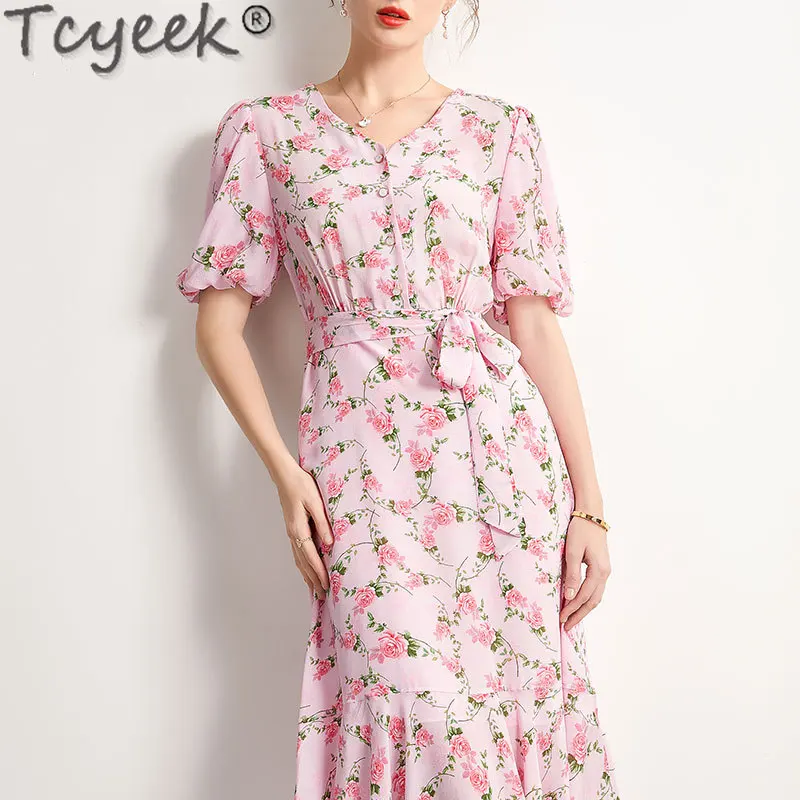 

Tcyeek 100% Real Mulberry Silk Dress Woman 2024 Midi Dress Elegant Dresses for Women Clothes Slim Fit French Fairy Dress Lace-up