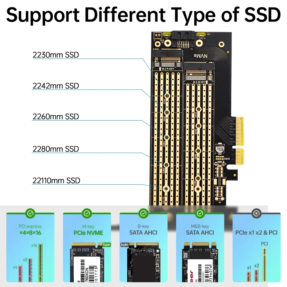 M.2 to PCIe Adapter JEYI SK6 M.2 Dual PCIE 4.0 NVMe / NGFF SSD NVME (m Key) and SATA (b Key) SSD to PCIe x4 X8 X16 Slot
