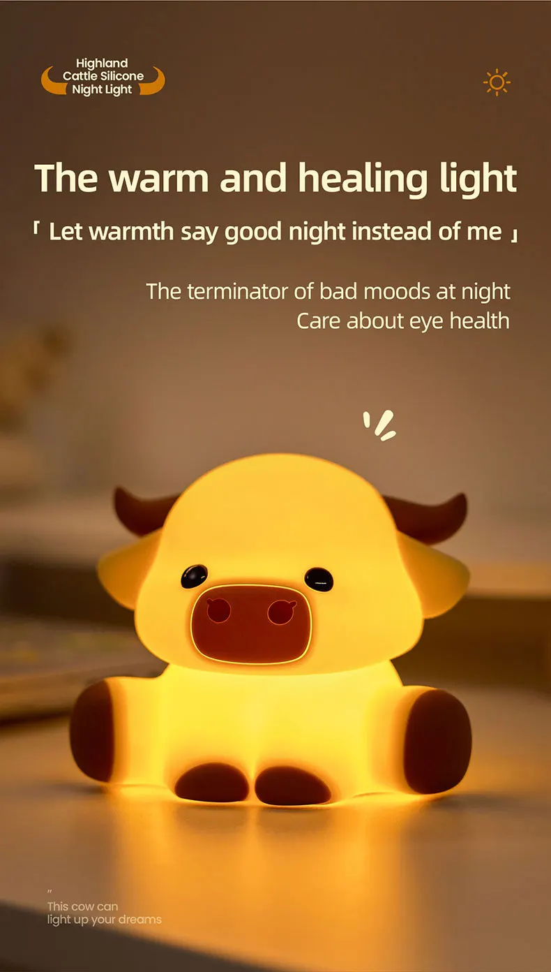 Highland Cattle Night Light With Timer Nursing LED Lights Anime Desktop Lamp Room Decorations Silicone Lamps Kids Birthday Gifts