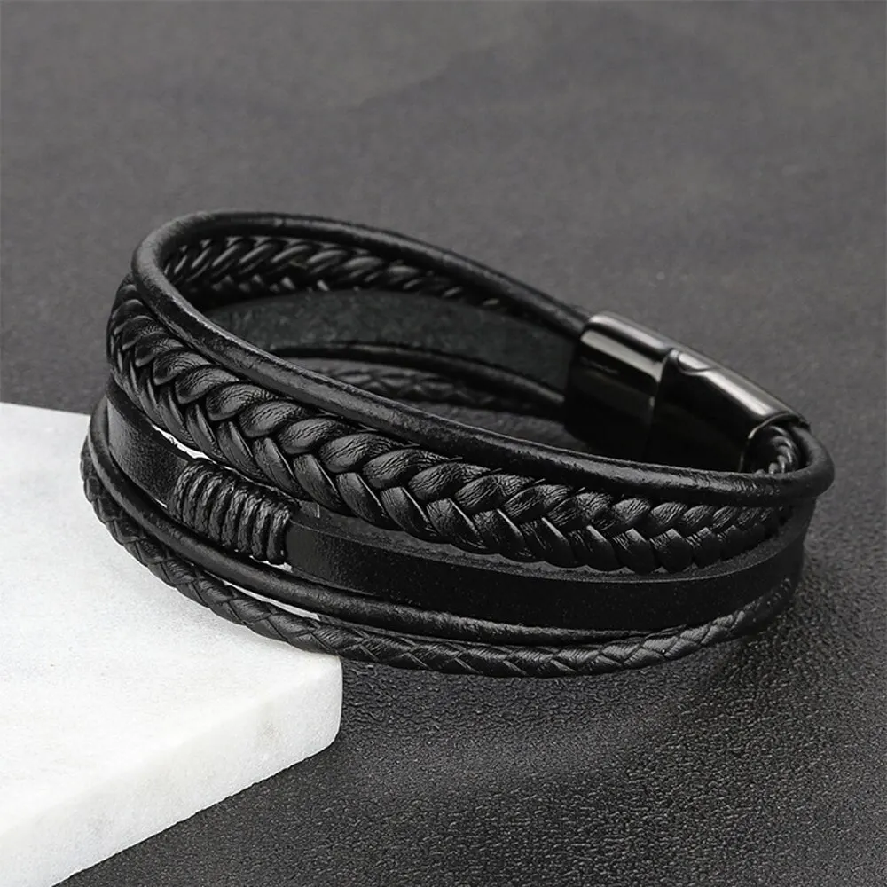 Leather Bracelet Men Genuine Multilayer Braided Rope