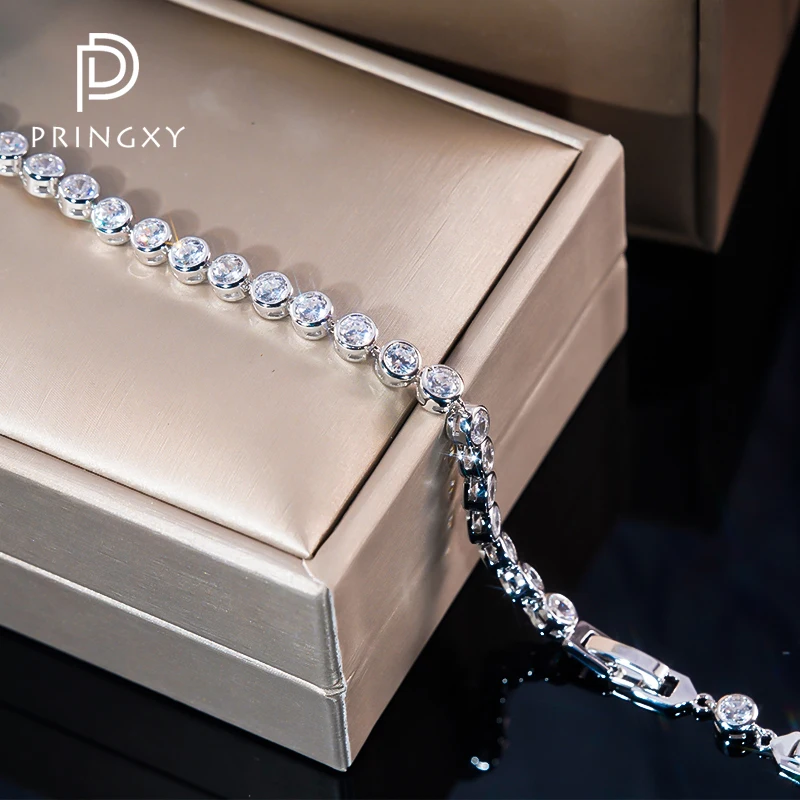 PRINGXY Real 925 Sterling Silver Round 0.3ct Tennis Diamond Cubic Zirconia Bracelet Engagement Fine Jewelry Valentine's Day Gift