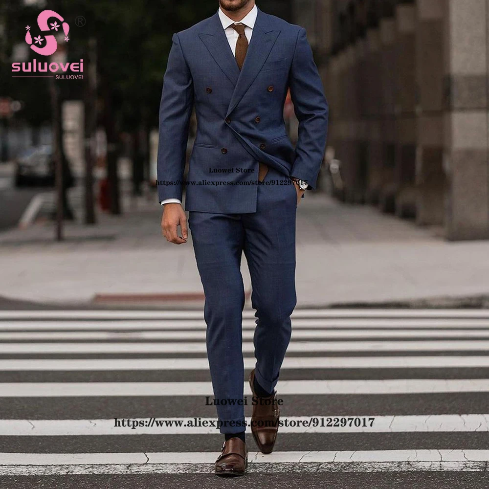 

Fashion Navy Blue Suits For Men Slim Fit 2 Piece Jacket Pants Set Male Business Blazers Formal Groom Wedding Peaked Lapel Tuxedo