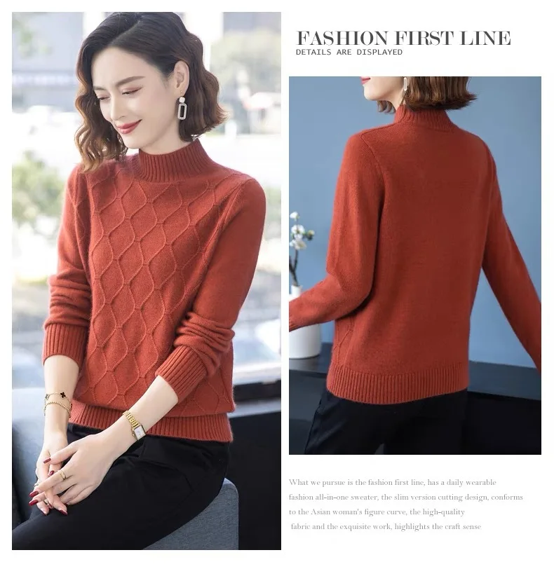 Lässiger einfarbiger Pullover mit halbem Stehkragen, modischer Herbst-Winter-Strick-Basispullover, warme Damen-Bottom-Oberteile, Pertanian – Detail 4
