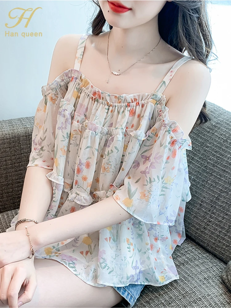 

Женская блузка с открытыми плечами H Han Queen, Повседневная офисная блузка свободного покроя с принтом в Корейском стиле, лето 2024