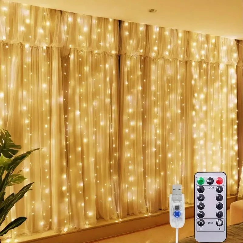 USB Powered LED Curtain String Lights with Remote Control Christmas Wedding Indoor Bedroom Window Decoration Holiday Lighting