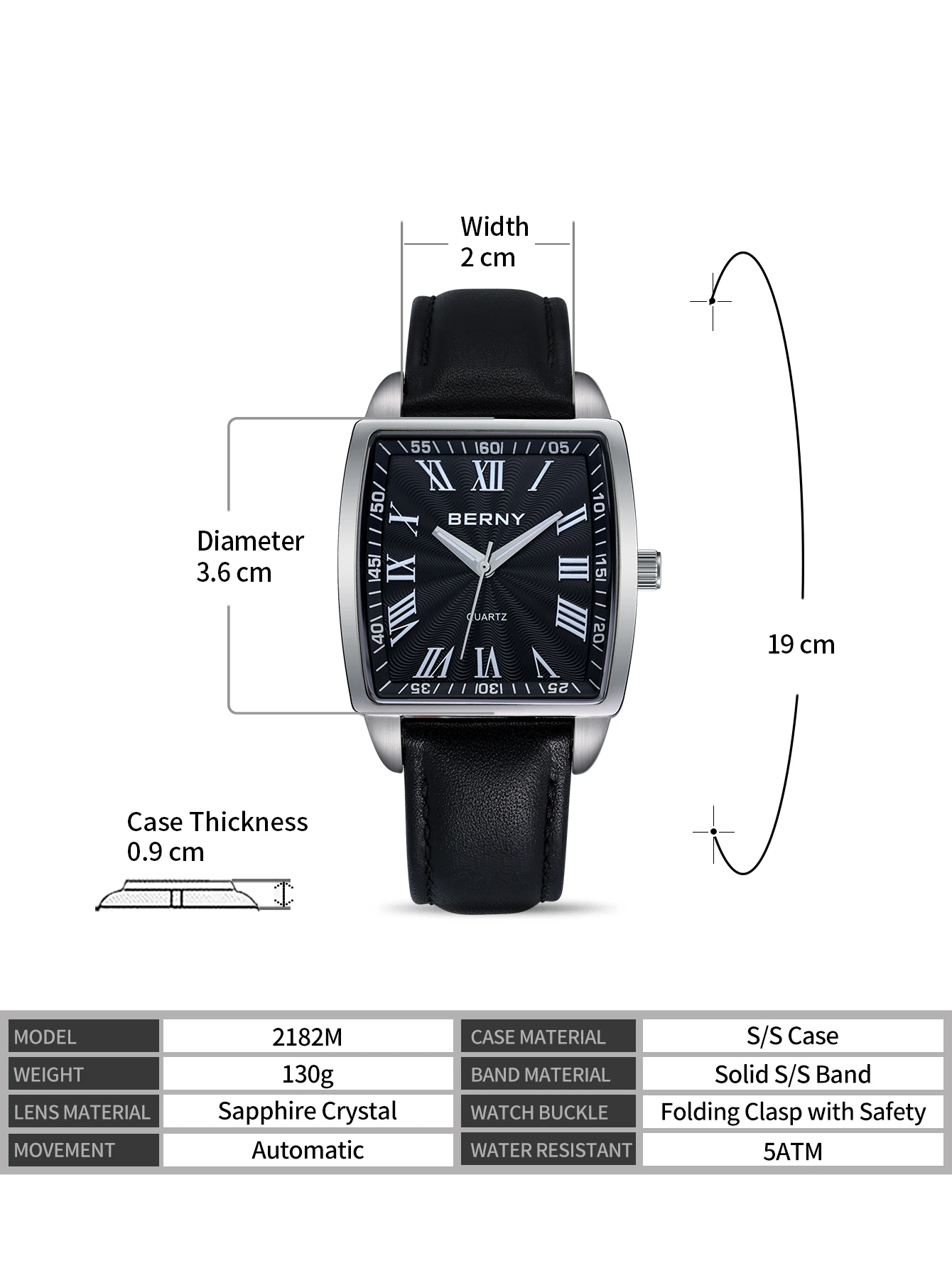Berny Quartz Men\'s Wristwatch Vintage Roman Numerals Display Luxury Genuine Leather Watches for Men 30M Waterproof Male Clock