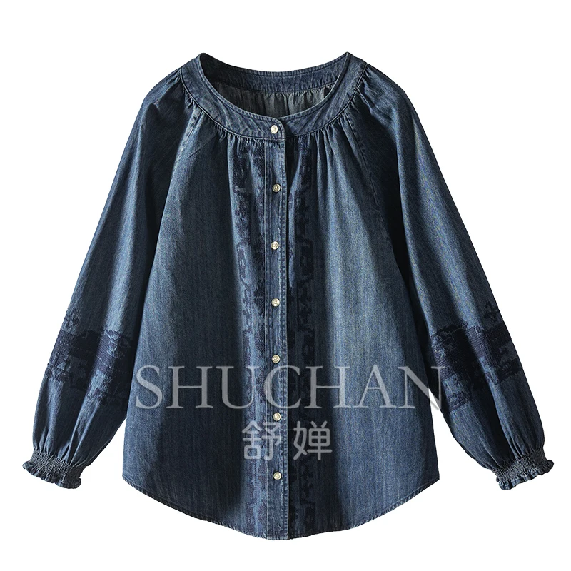 denim shirt wome new 2024 summer embroidery 100% cotton Indie Folk blusa feminina  tops mujer  blouse women