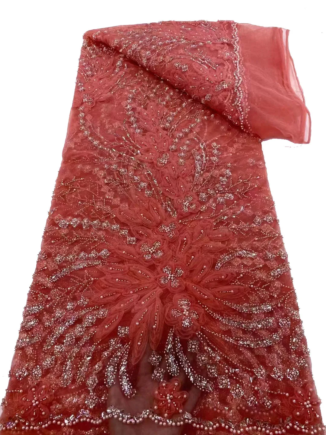 

New fashion heavy bead sequin three-dimensional flower mesh, high-end luxury wedding dress Qipao evening dress fabric