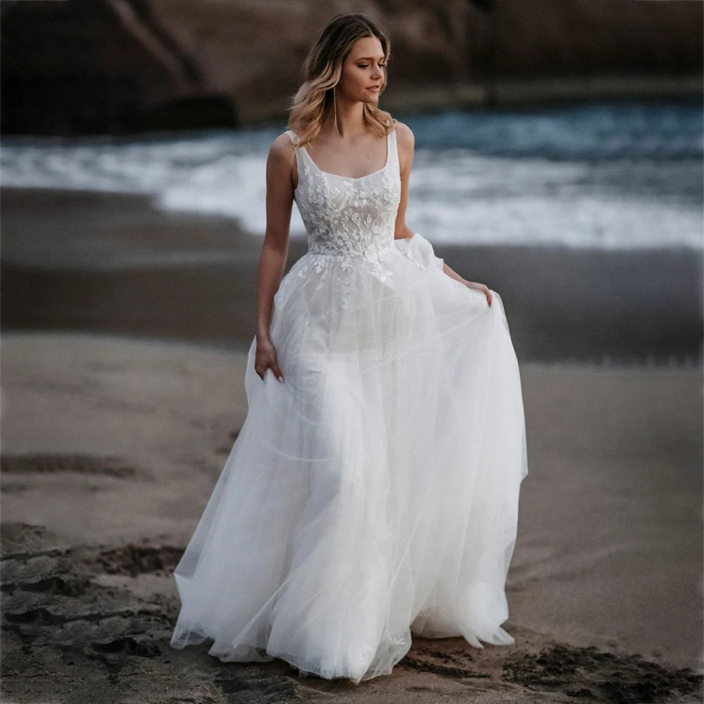 A-Line Wedding Dresses Shiny Tulle Backless Lace Applique Boho Bridal Gown  Train | eBay
