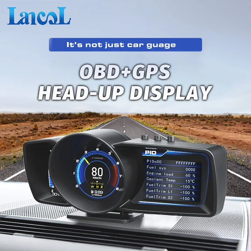 Dual Screen Car HUD MultiFunction Dashboard Head Up Display OBD+GPS