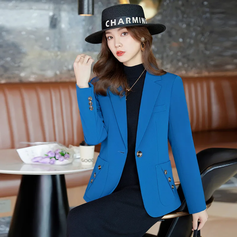 2023 Spring Autumn Black White Blue Blazer Women Ladies Female Business Work Wear Long Sleeve Single Button Solid Formal Jacket