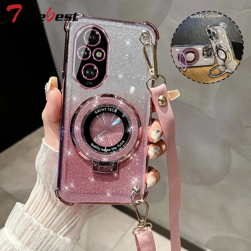 Crossbody Lanyard Glitter Plating Shockproof Phone Case with MagSafe Holder