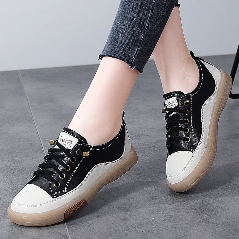Genuine Leather Women Soft Sole Walking Shoes Girl Student 2026 Sneaker White Black Flats Female Casual Skate Trainers Summer