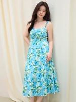 DUSHU Plus Size Women’s 【Holiday Blue Rose】 French Holiday-Style A-Line Dress for 2025 Summer 25DS82217